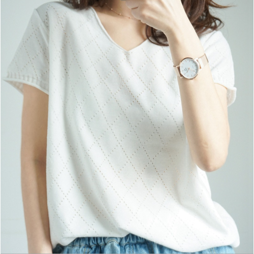 2025夏季新品寬松顯瘦百搭文藝休閒純棉短袖V領純色針織打底衫女