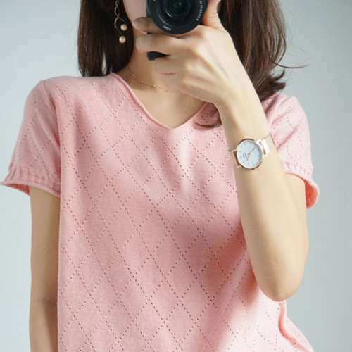 2025夏季新品寬松顯瘦百搭文藝休閒純棉短袖V領純色針織打底衫女