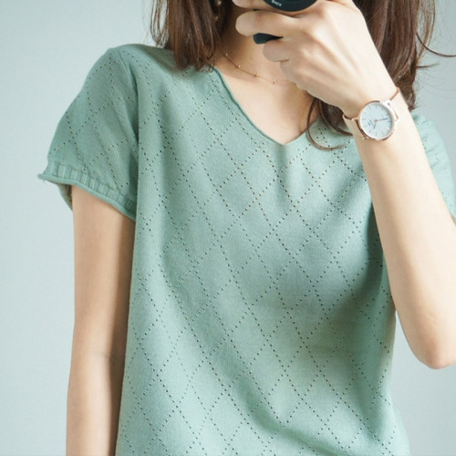 2025夏季新品寬松顯瘦百搭文藝休閒純棉短袖V領純色針織打底衫女