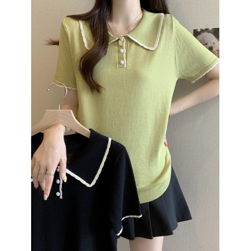 胖mm遮肉顯瘦娃娃領短袖薄款針織打底衫女夏季大碼遮肚子減齡上衣