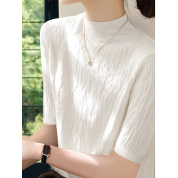 Basic House/百家好白色五分袖針織打底衫女士早秋新款半高領上衣