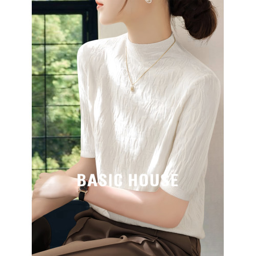 Basic House/百家好白色五分袖針織打底衫女士早秋新款半高領上衣