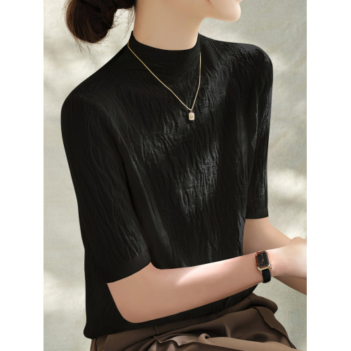 Basic House/百家好白色五分袖針織打底衫女士早秋新款半高領上衣