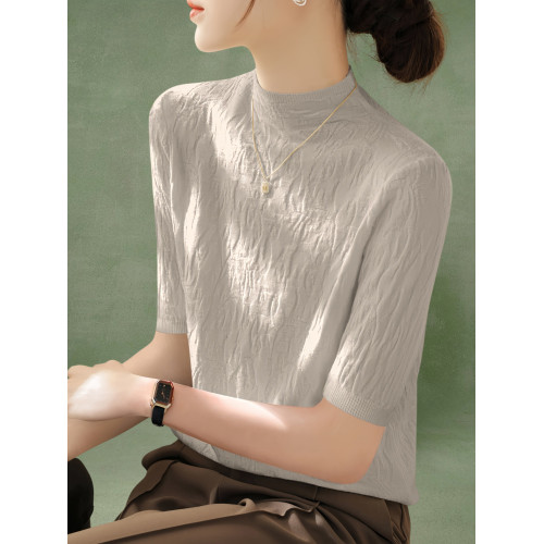 Basic House/百家好白色五分袖針織打底衫女士早秋新款半高領上衣