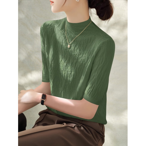 Basic House/百家好白色五分袖針織打底衫女士早秋新款半高領上衣