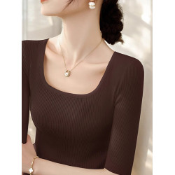 Basic House/百家好方領針織衫女2025早秋新款氣質修身中袖打底衫