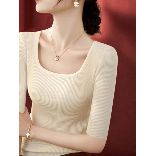 Basic House/百家好方領針織衫女2025早秋新款氣質修身中袖打底衫