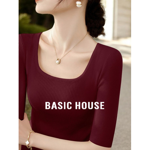 Basic House/百家好方領針織衫女2025早秋新款氣質修身中袖打底衫