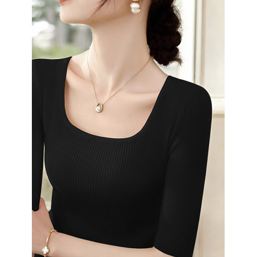 Basic House/百家好方領針織衫女2025早秋新款氣質修身中袖打底衫