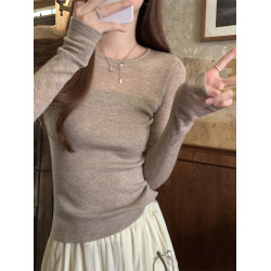 拉夏貝爾杏色針織打底衫女春秋2025年新款高級感內搭修身長袖上衣