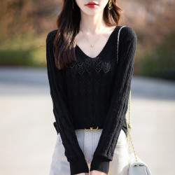 鏤空針織衫上衣女春秋款薄款毛衣寬松純棉v領打底衫吊帶外搭罩衫