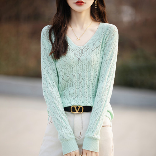 鏤空針織衫上衣女春秋款薄款毛衣寬松純棉v領打底衫吊帶外搭罩衫