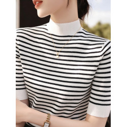 Basic House/百家好黑白條紋五分袖針織衫女早秋內搭半高領打底衫