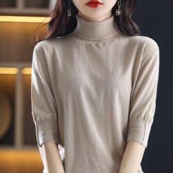 春夏精紡細支羊毛女高領針織毛衣半袖寬松顯瘦短款短袖打底衫薄款