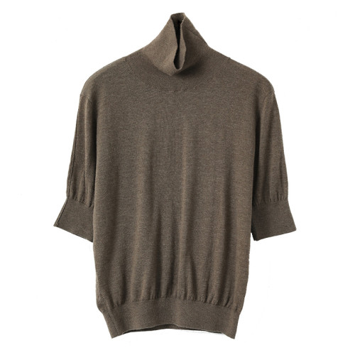 春夏精紡細支羊毛女高領針織毛衣半袖寬松顯瘦短款短袖打底衫薄款