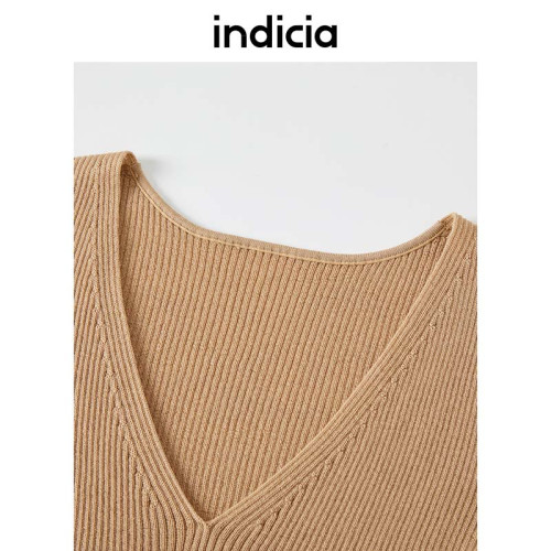 indicia針織衫修身套頭V領中袖五分袖打底衫上衣春秋季標記女裝