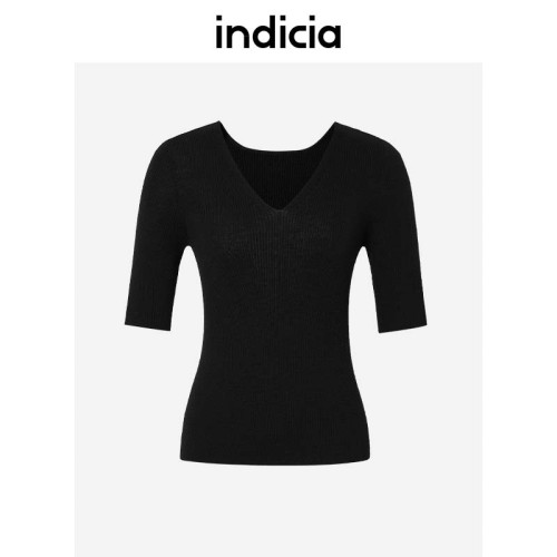 indicia針織衫修身套頭V領中袖五分袖打底衫上衣春秋季標記女裝