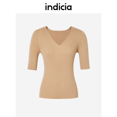 indicia針織衫修身套頭V領中袖五分袖打底衫上衣春秋季標記女裝