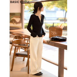 Basic House/百家法式大衣內搭假兩件V領羊毛針織打底衫女款春季