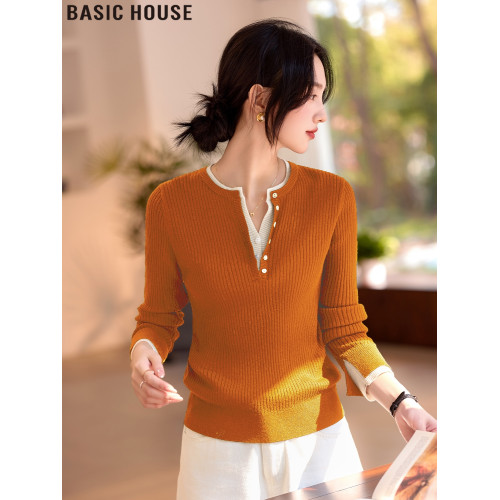 Basic House/百家法式大衣內搭假兩件V領羊毛針織打底衫女款春季