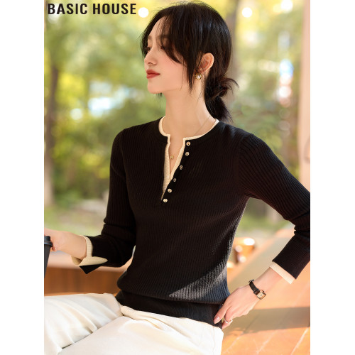 Basic House/百家法式大衣內搭假兩件V領羊毛針織打底衫女款春季