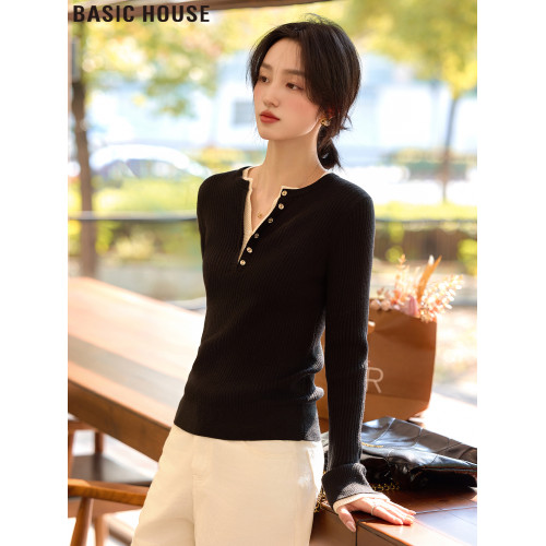 Basic House/百家法式大衣內搭假兩件V領羊毛針織打底衫女款春季