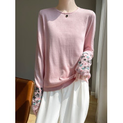 春秋圓領薄款精紡羊毛針織打底衫女袖口刺綉蠶絲長袖上衣粉色內搭