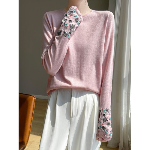 春秋圓領薄款精紡羊毛針織打底衫女袖口刺綉蠶絲長袖上衣粉色內搭