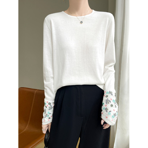 春秋圓領薄款精紡羊毛針織打底衫女袖口刺綉蠶絲長袖上衣粉色內搭