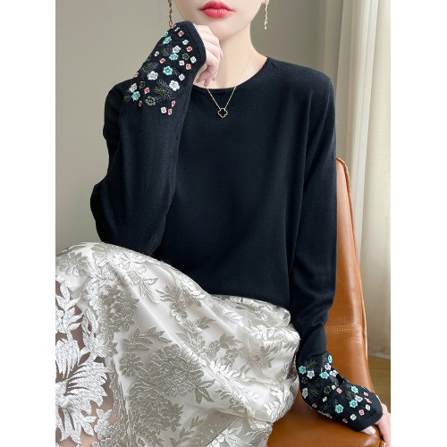 春秋圓領薄款精紡羊毛針織打底衫女袖口刺綉蠶絲長袖上衣粉色內搭