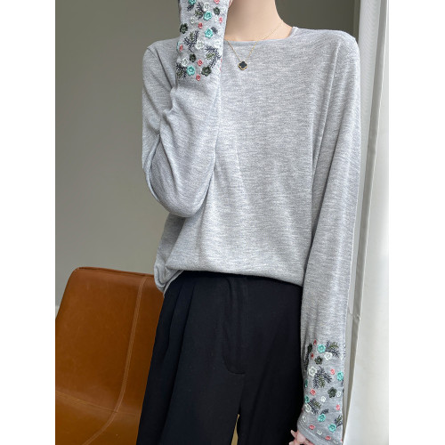 春秋圓領薄款精紡羊毛針織打底衫女袖口刺綉蠶絲長袖上衣粉色內搭