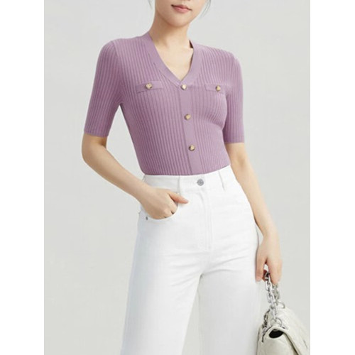 白領哥弟新2025夏羊毛V領小香風針織衫半袖女早秋修身打底衫毛衣