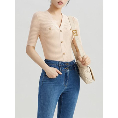 白領哥弟新2025夏羊毛V領小香風針織衫半袖女早秋修身打底衫毛衣