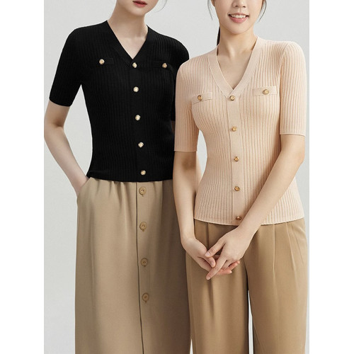 白領哥弟新2025夏羊毛V領小香風針織衫半袖女早秋修身打底衫毛衣