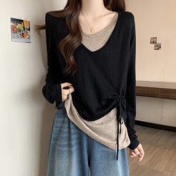 大碼胖mm遮肚顯瘦v領假兩件針織打底衫女春秋季洋氣減齡百搭上衣