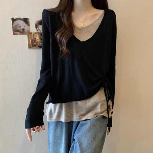 大碼胖mm遮肚顯瘦v領假兩件針織打底衫女春秋季洋氣減齡百搭上衣