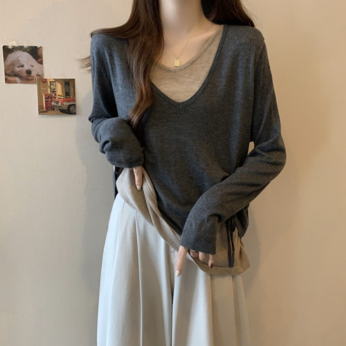 大碼胖mm遮肚顯瘦v領假兩件針織打底衫女春秋季洋氣減齡百搭上衣