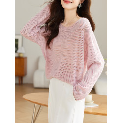 鏤空針織衫女短款秋裝2025新款薄款長袖上衣打底衫春秋寬松蝙蝠衫