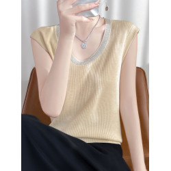 2025新款灰色坎肩燙鑽無袖背心針織打底衫女春夏大碼女裝夏季上衣