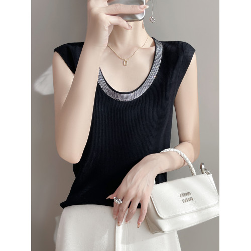 2025新款灰色坎肩燙鑽無袖背心針織打底衫女春夏大碼女裝夏季上衣