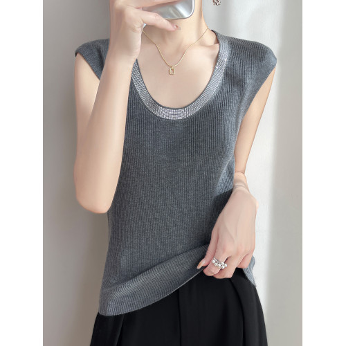 2025新款灰色坎肩燙鑽無袖背心針織打底衫女春夏大碼女裝夏季上衣