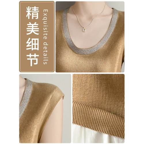 2025新款灰色坎肩燙鑽無袖背心針織打底衫女春夏大碼女裝夏季上衣