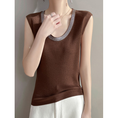 2025新款灰色坎肩燙鑽無袖背心針織打底衫女春夏大碼女裝夏季上衣