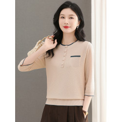 七分袖圓領桑蠶絲針織衫女春秋薄款上衣媽媽夏裝t恤冰絲打底小衫