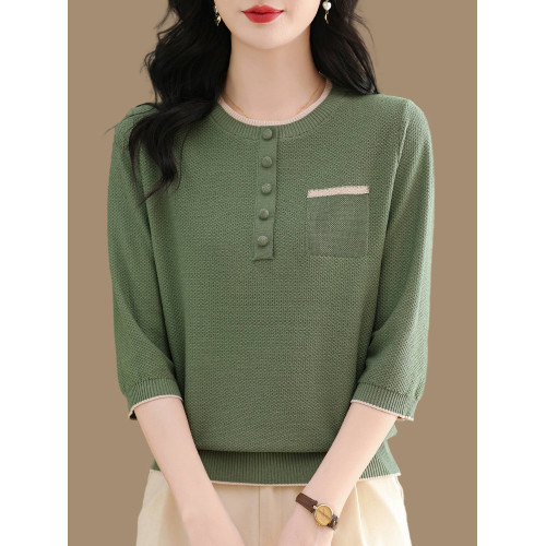 七分袖圓領桑蠶絲針織衫女春秋薄款上衣媽媽夏裝t恤冰絲打底小衫