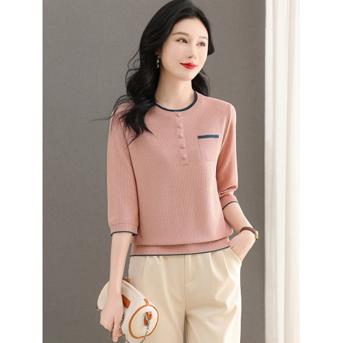 七分袖圓領桑蠶絲針織衫女春秋薄款上衣媽媽夏裝t恤冰絲打底小衫