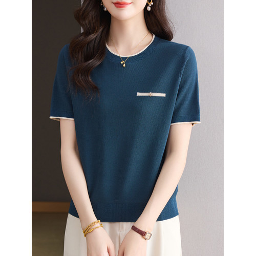 七分袖圓領桑蠶絲針織衫女春秋薄款上衣媽媽夏裝t恤冰絲打底小衫