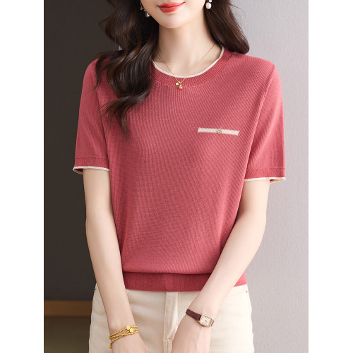 七分袖圓領桑蠶絲針織衫女春秋薄款上衣媽媽夏裝t恤冰絲打底小衫