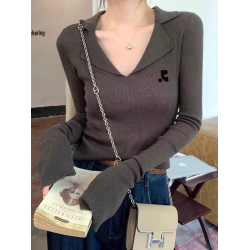 韓國restandrecreation翻領喇叭袖針織衫女RR修身內搭長袖打底衫