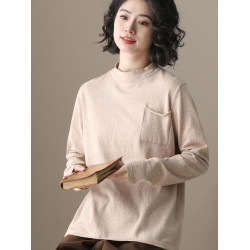 左耳左岸 圓領純棉針織衫套頭純色休閒上衣簡約打底衫口袋設計